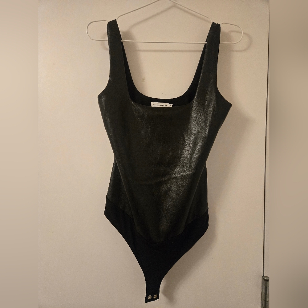 Good American Black Faux Leather Bodysuit‎